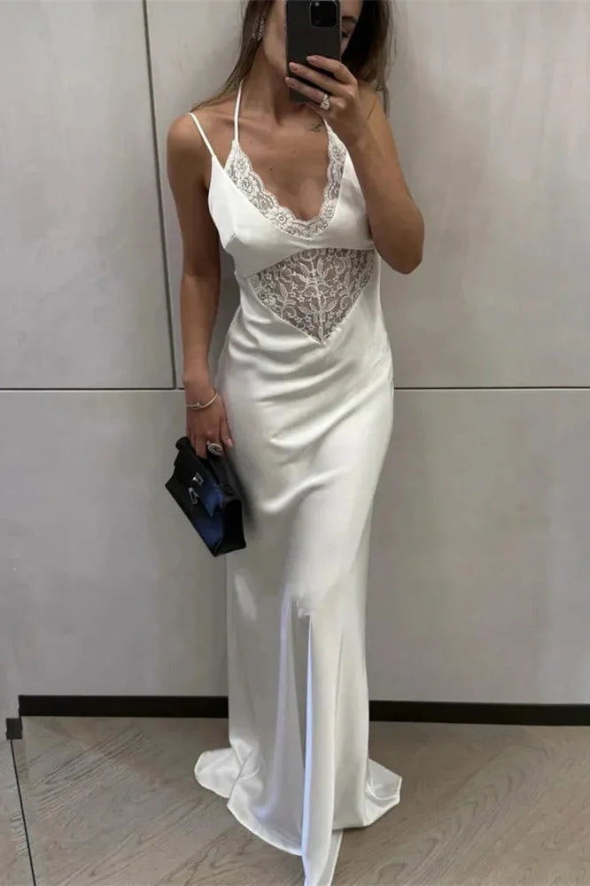 Hollow Out Lace Backless Slim V-Neck Maxi Dress