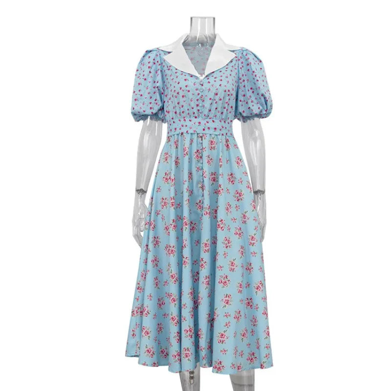 Printed V Neck High Waist A-Line Mini Dress