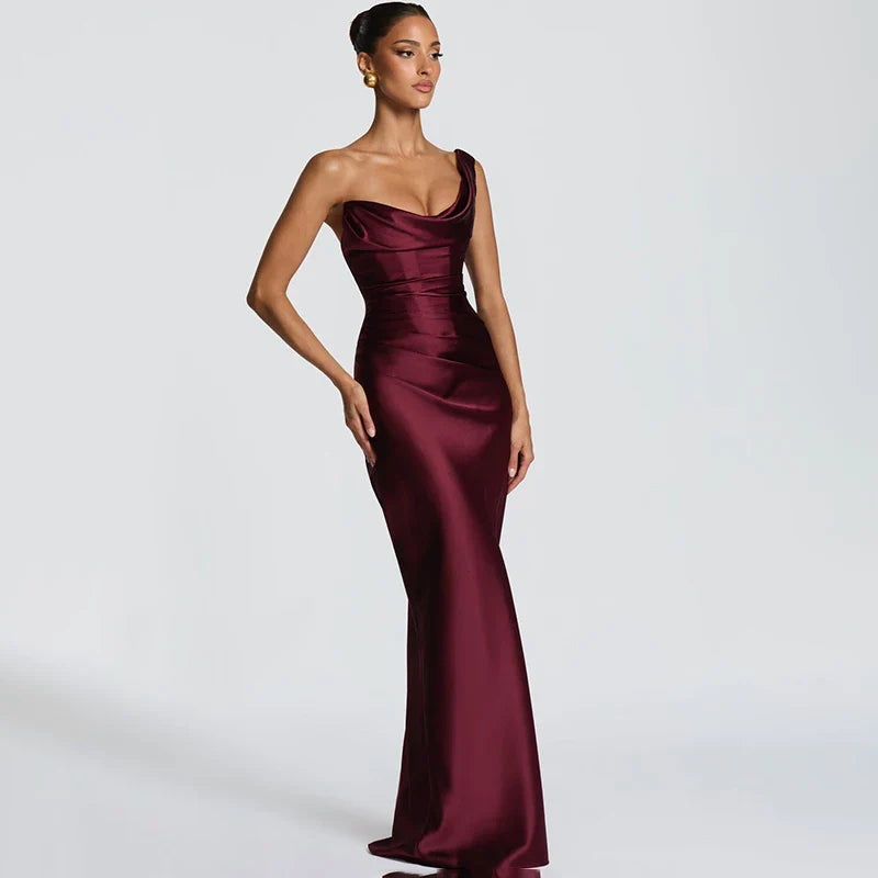 One Shoulder Sleeveless Pleated Lace-Up Maxi Dress