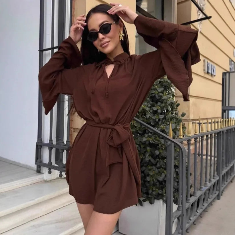 Elegant V-Neck Lace Up Pleated Mini Dress