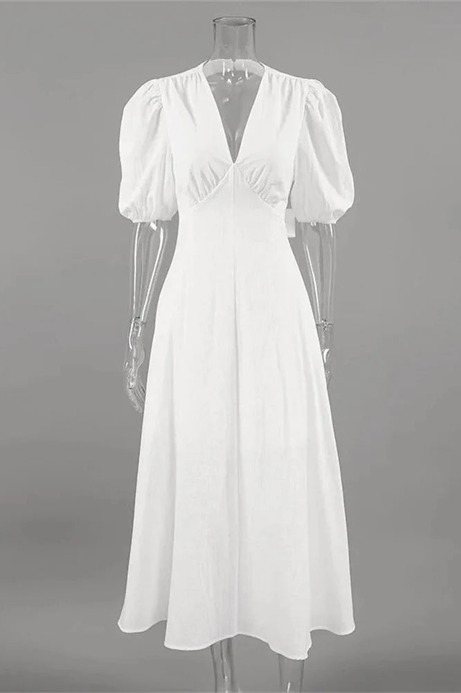 Backless Short Sleeve Slim V-Neck High Waist Midi Dress