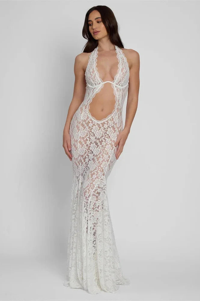 Lace Printed Backless See-Through Patchwork Maxi Dress