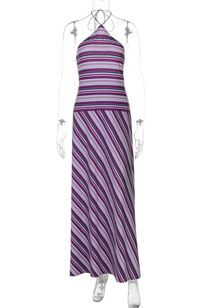 Striped Printed Off-Shoulder Sleeveless Lace-Up Patchwork Maxi Dress