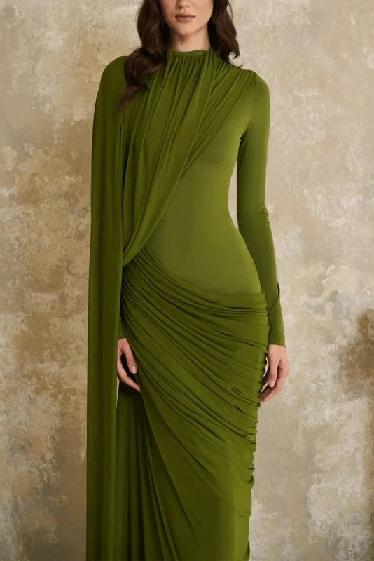Long Sleeve High Waist Slim Pleated Maxi Dress