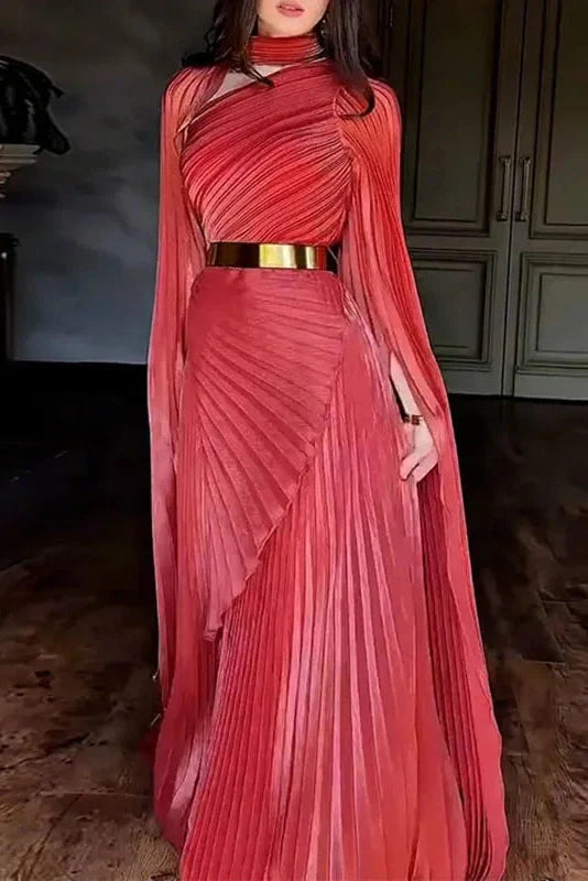 Elegant Hollow Out Printed Slit Sleeve High Waist Maxi Dress