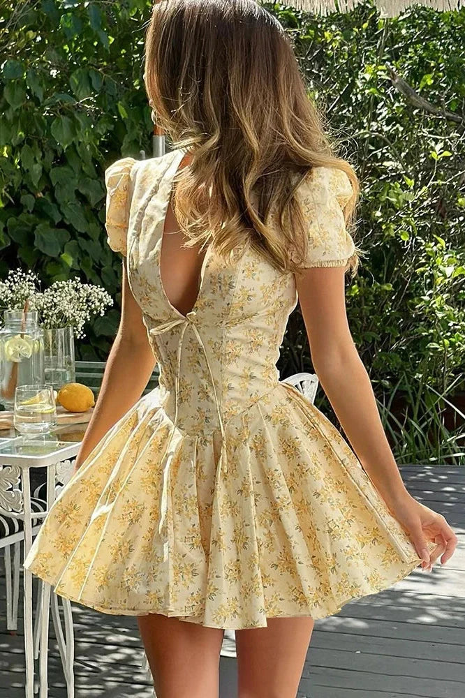 Printed Deep V Neck Patchwork Short Sleeve Mini Dress