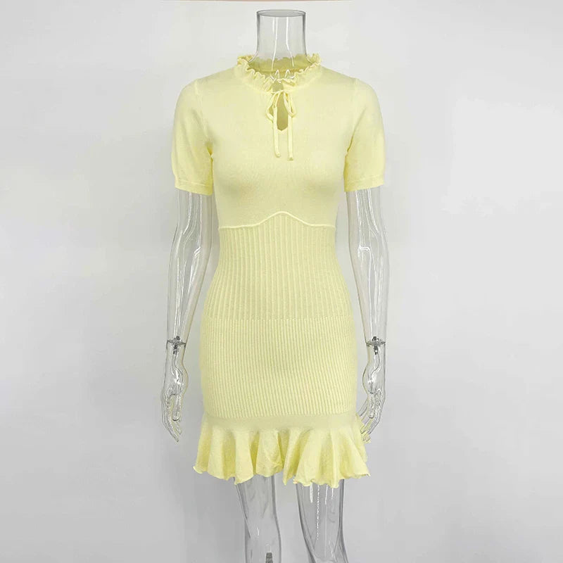 Hollow Knitting Lace Up Short Sleeve Mini Dress
