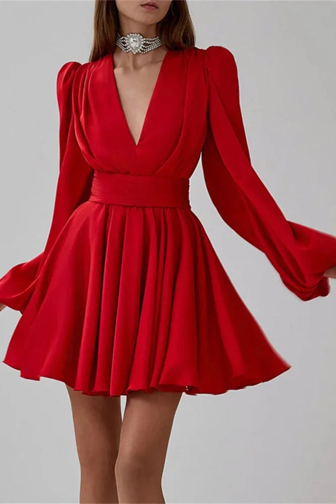 V-Neck High Waist Slim Lace-Up Mini Dress