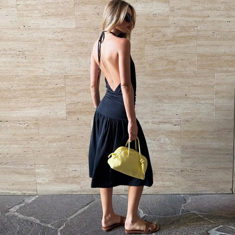 Elegant Deep V-Neck Backless Lace Up Midi Dress