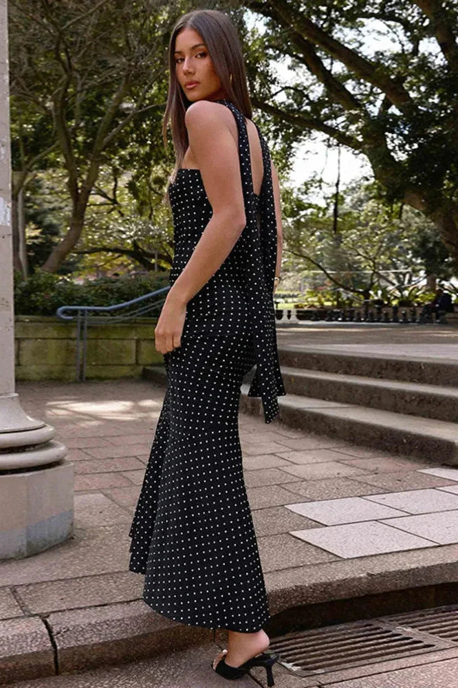Polka Dot Strapless Scarf Collar Off-Shoulder Sleeveless Maxi Dress
