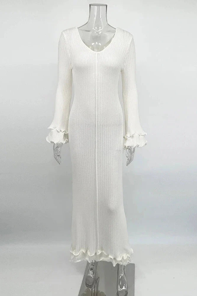 Elegant Pleated Knit Lace-Up Long Sleeve Loose Maxi Dress