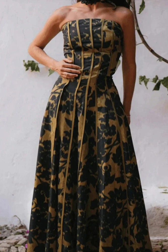 Hollow Out High Waist Pleated Sleeveless Printed Maxi Dress