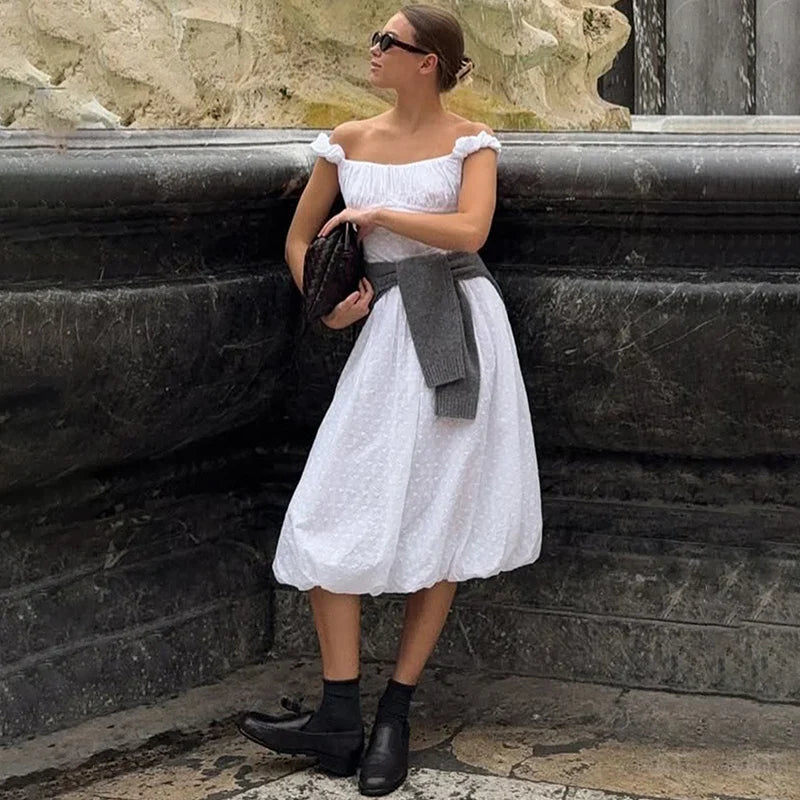 Off Shoulder Slim A-line Midi Dress