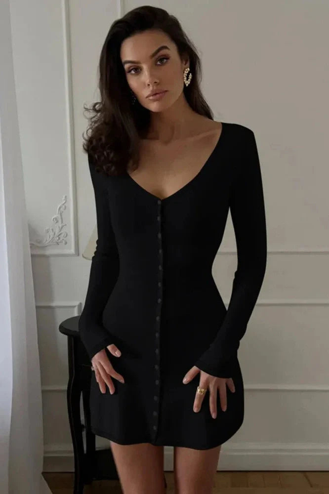 V Neck Long Sleeve Single-Breasted High Waist Mini Dress