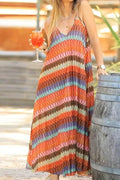 Pleated Printed Sleeveless Loose Backless High Waist Maxi Dress