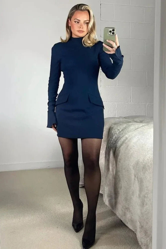 Patchwork High Waist Long Sleeve Slim Mini Dress