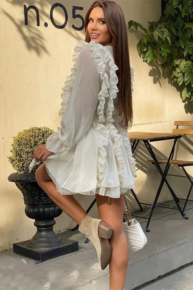 V-Neck Lace-Up High Waist Mini Dress