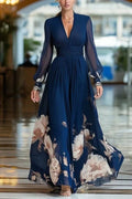 Floral Print High Waist V-Neck Long Sleeve Pleated Maxi Dress