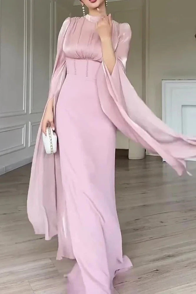 Elegant O-Neck Split Sleeve Slim Pleated High Waist Maxi Dress