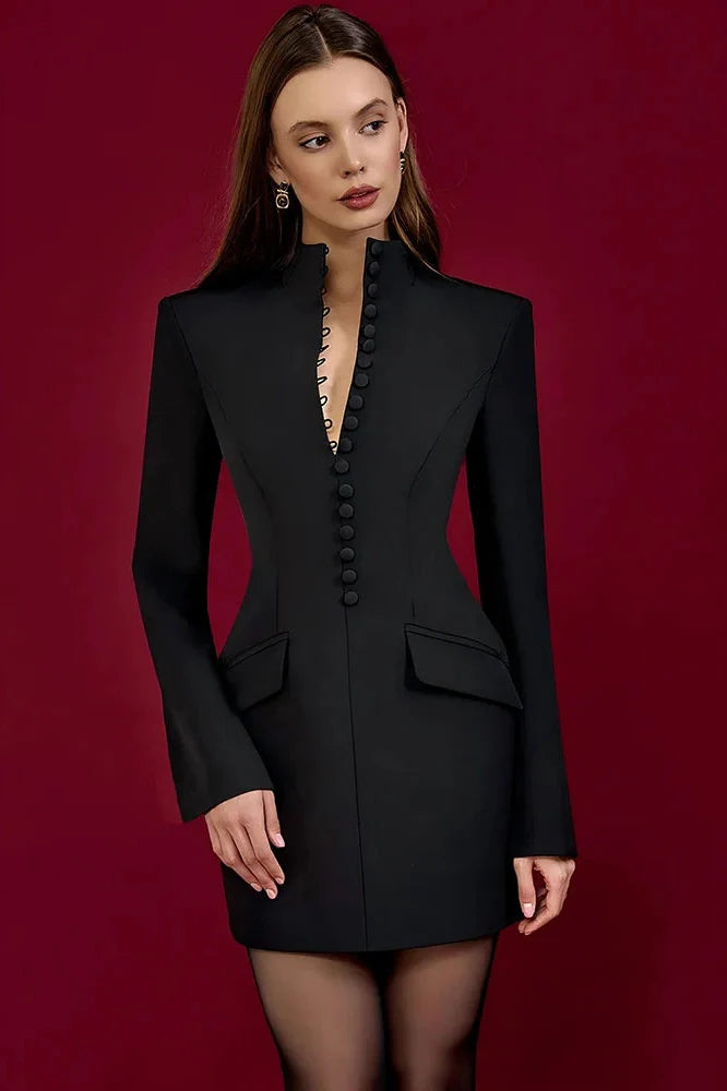 Long Sleeve Single-Breasted Turtleneck Mini Dress