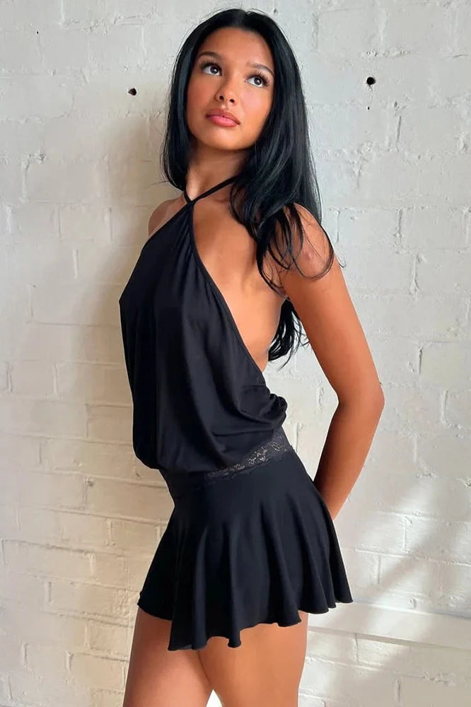 Backless Lace Patchwork Sleeveless Pleated Mini Dress