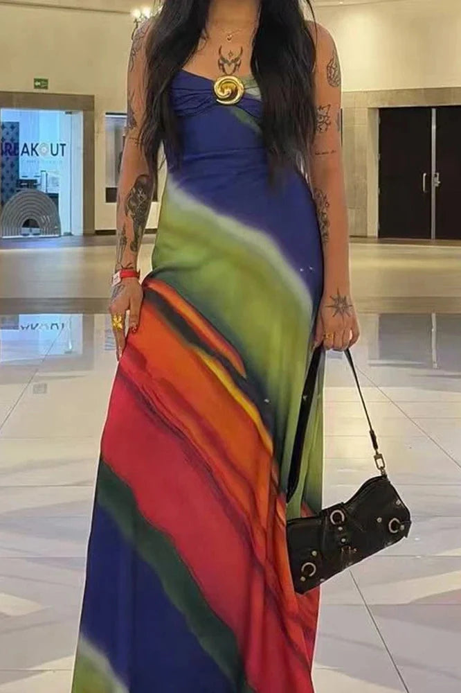 Elegant Printed Sleeveless Slim V-Neck Backless Maxi Dress