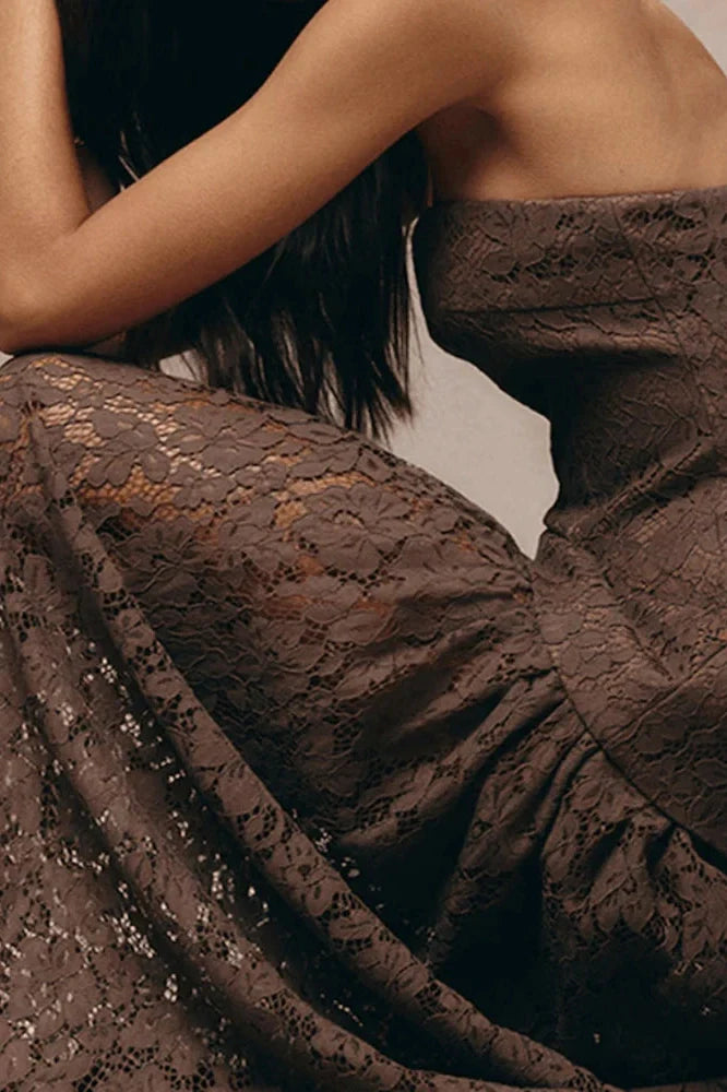 Hollow Out Off-Shoulder Lace Pleated High Waist Maxi Dress