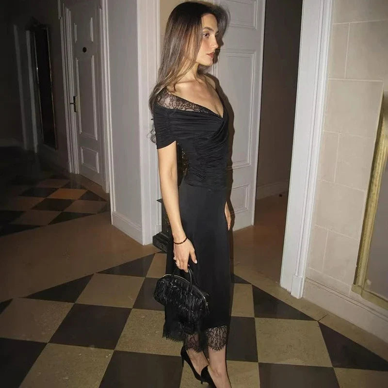 Lace Patchwork Off Shoulder Split Backless Maxi Dress