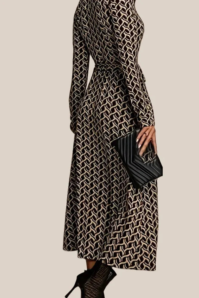 Printed High Waist Long Sleeve Pleat Midi Dress