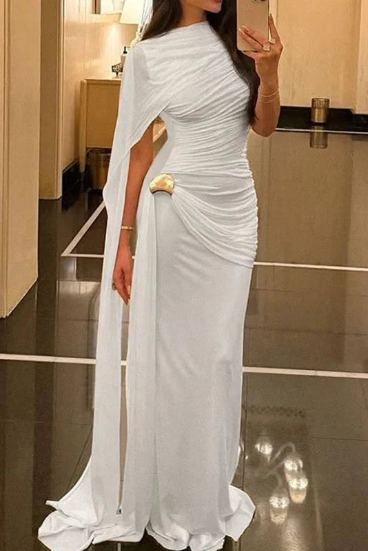 Elegant Slim Pleated High Waist Sleeveless Irregular Maxi Dress