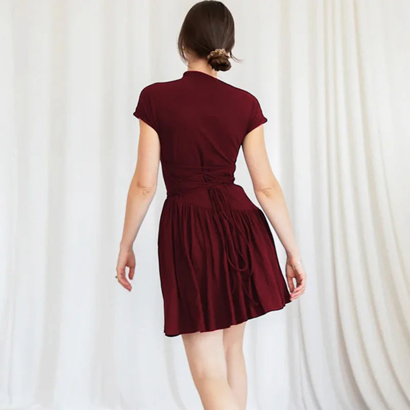 Lace Up Patchwork Elegant Round Neck Mini Dress