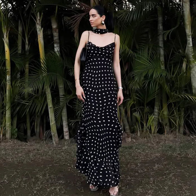 Elegant Polka Dot Scarf Ribbon Pleated Maxi Dress