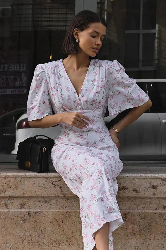 Printed V-Neck Short Sleeve Slim High Waist Maxi Dress
