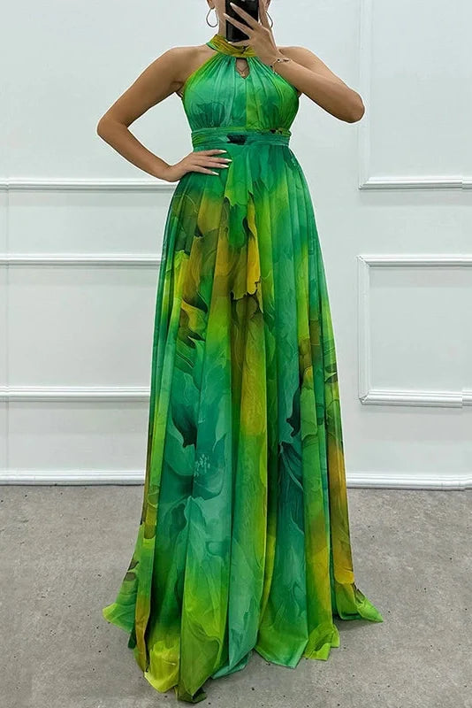 Hollow Out Printed Sleeveless High Waist Maxi Dress