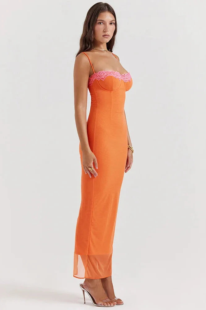 Lace Spaghetti Strap Patchwork Strapless Bodycon Maxi Dress
