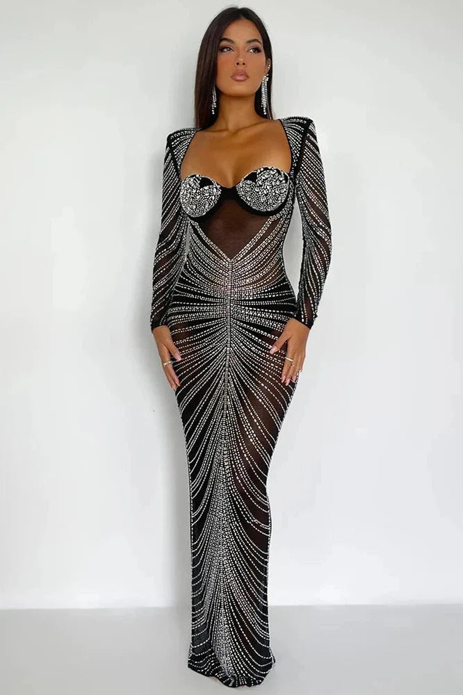 Glitter See Through Full Sleeve Bodycon Maxi Dress