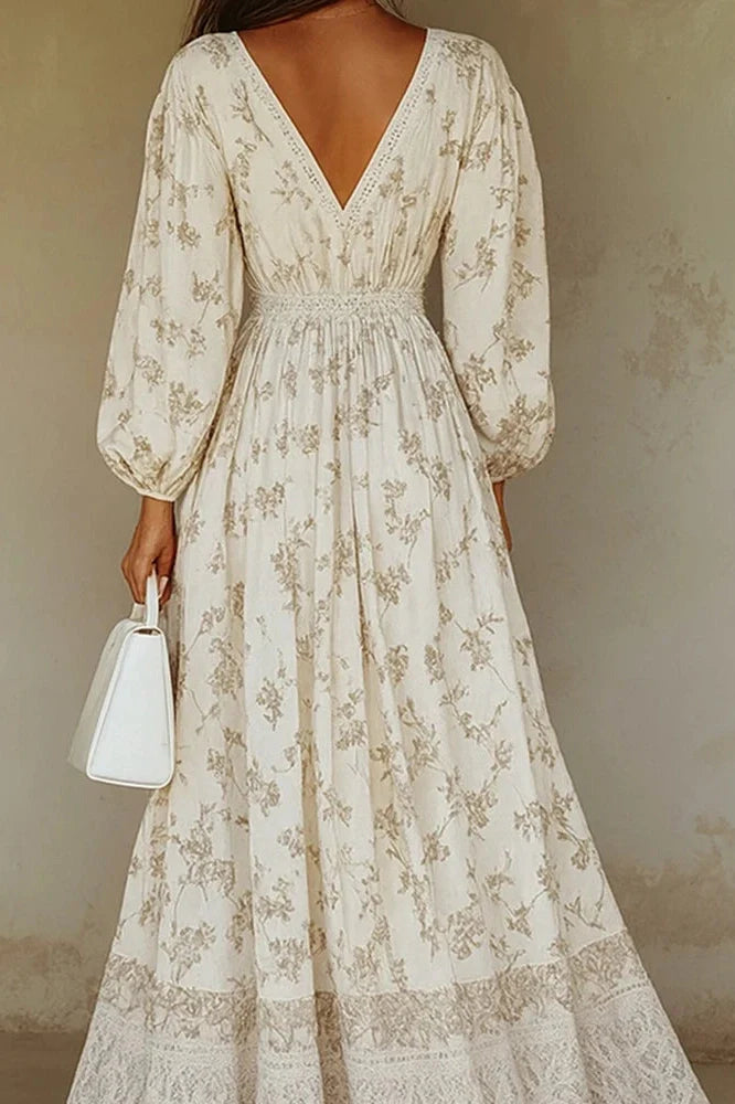 Elegant Long Sleeve Lace V-Neck Printed Maxi Dress