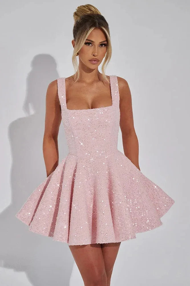 Backless Square Collar Sleeveless High Waist Mini Dress