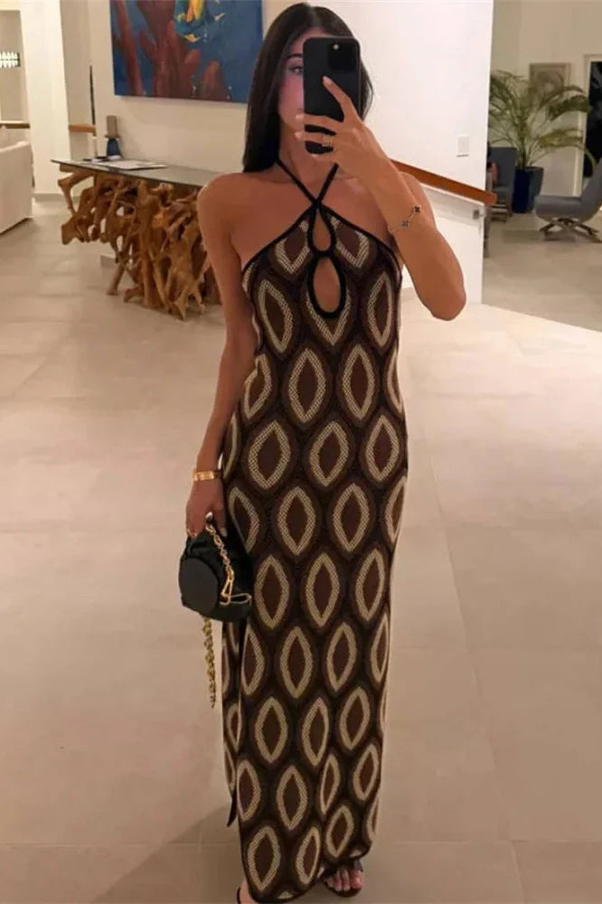 Hollow Out Printed Backless Maxi Dress