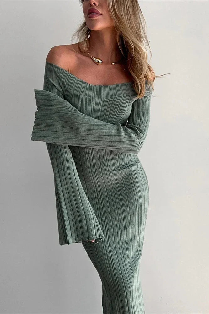 Off-Shoulder High Waist Slim Long Sleeve Maxi Dress
