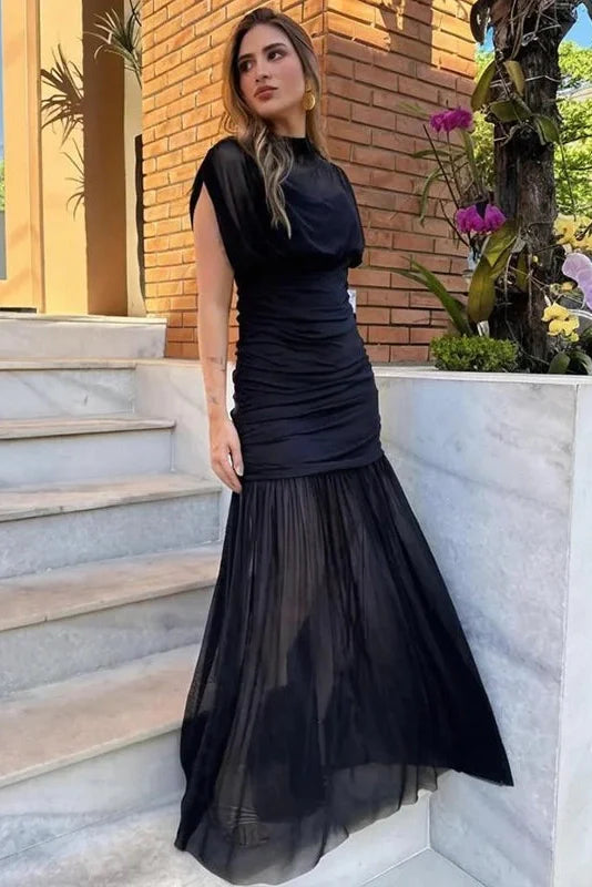 Elegant Pleated Slim Sleeveless Turtleneck Maxi Dress