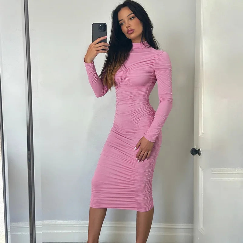 Pleated Turtleneck Long Sleeve Slim Midi Dress