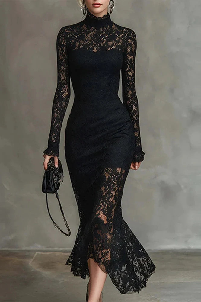 Lace Embroidery Slim Turtleneck Irregular Maxi Dress