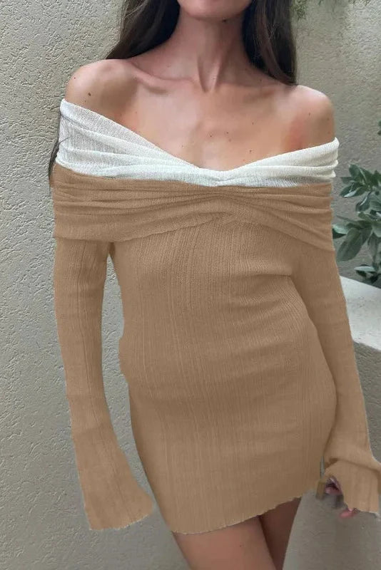 Off-Shoulder Knitted Long Sleeve Slim Backless Mini Dress