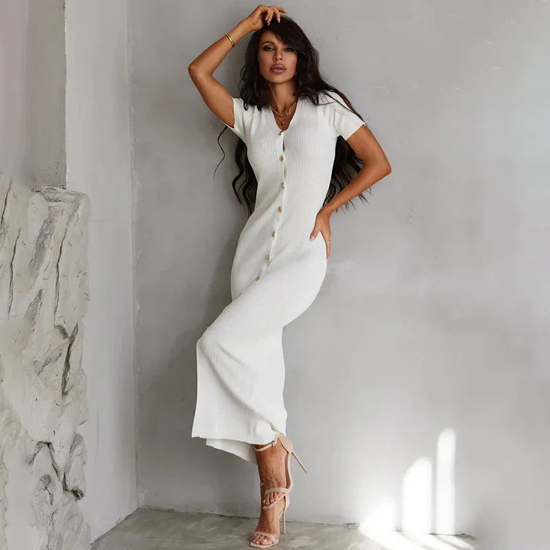 Knitted V Neck Short Sleeve Slim Midi Dress