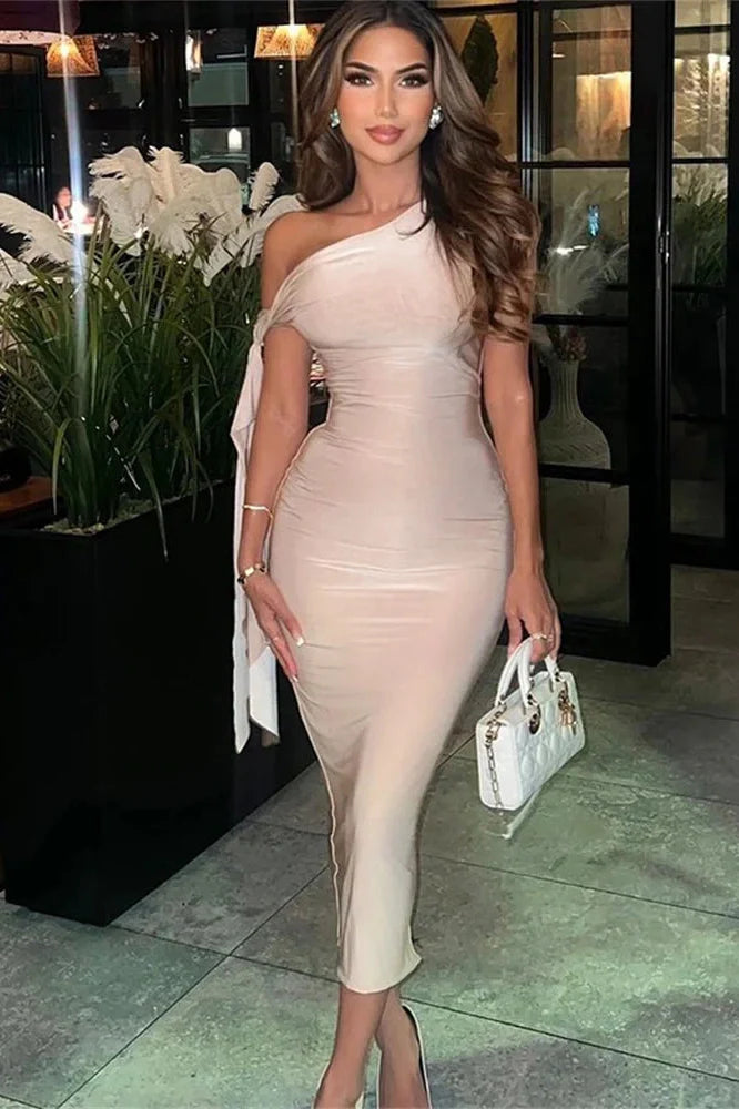 One-Shoulder Patchwork Slim Sleeveless Midi Dress