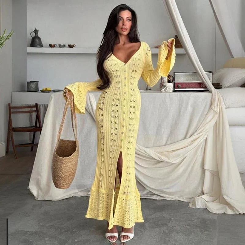 Hollow Knitted Long Sleeve Maxi Dress