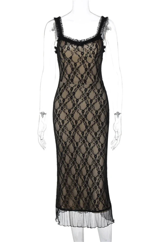 Printed Patchwork Slim See-Through Lace-Up Midi Dress