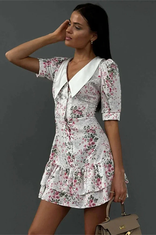 Printed V-Neck Short Sleeve Slim High Waist Mini Dress