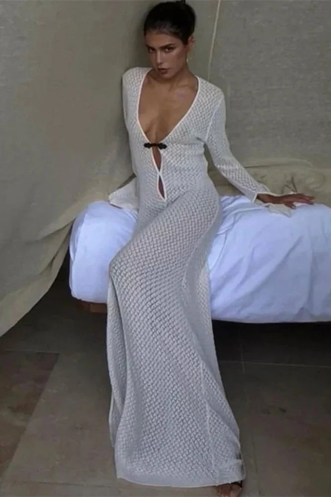 Hollow Out Loose Long Sleeve V-Neck Maxi Dress